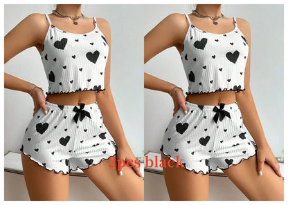 Women's Pajamas Set, Sleepwear, 2 PCS Short Tank Tops And Shorts, S M L White Ventilate Soft Casual Love Printing