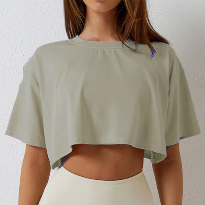 Cotton Women Short Sleeve, Yoga Fitness Crop Top, Sport T-shirt, Loose Gym Workout Shirts