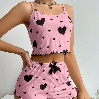 Women's Pajamas Set, Sleepwear, 2 PCS Short Tank Tops And Shorts, S M L White Ventilate Soft Casual Love Printing