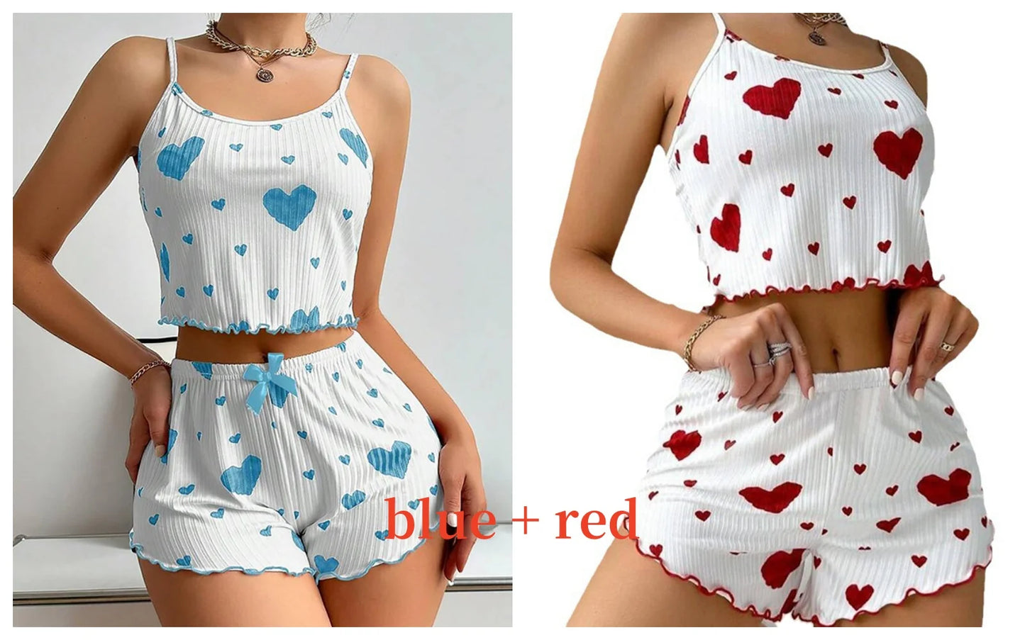 Women's Pajamas Set, Sleepwear, 2 PCS Short Tank Tops And Shorts, S M L White Ventilate Soft Casual Love Printing